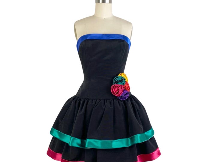 Vintage 1980's Strapless Cocktail Dress with Colorful Satin Rosette by A.J. Bari | Size XS