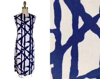 Vintage 1960s Navy Blue and White Abstract Print Dress Size M