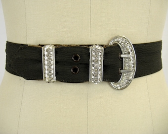 Vintage 1930s Brown Belt with Chunky Rhinestone Buckle 33 Waist