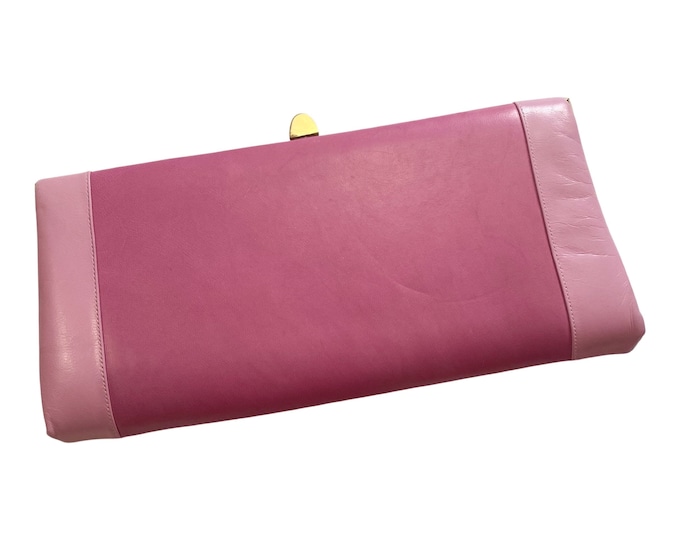 Vintage 1950s Two Tone Pink Leather Clutch with Pink Satin Lining by LEON