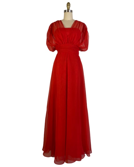 Vintage 1970s NOS Red Chiffon Gown with Grecian S… - image 2