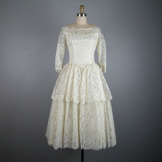 Vintage 1950s Lace Dress 50s White Lace Tea Length Wedding | Etsy