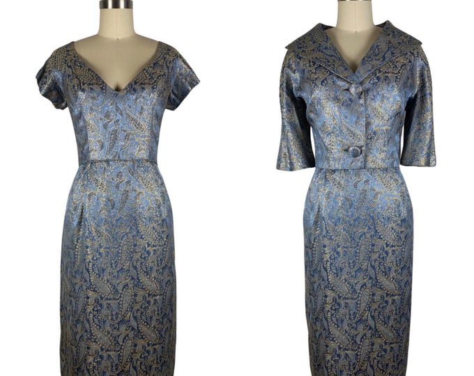 Vintage 1950s Silvery Blue and Metallic Gold Satin Brocade Cocktail Dress and Bolero | Size L
