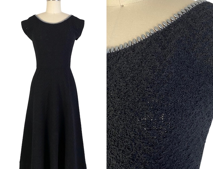 Vintage 1940s 1950s Black Wool Knit Dress with Pearl Beaded Collar | Size M