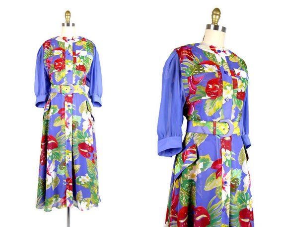 Vintage 1980s Purple Floral Chiffon Dress 80s Chif