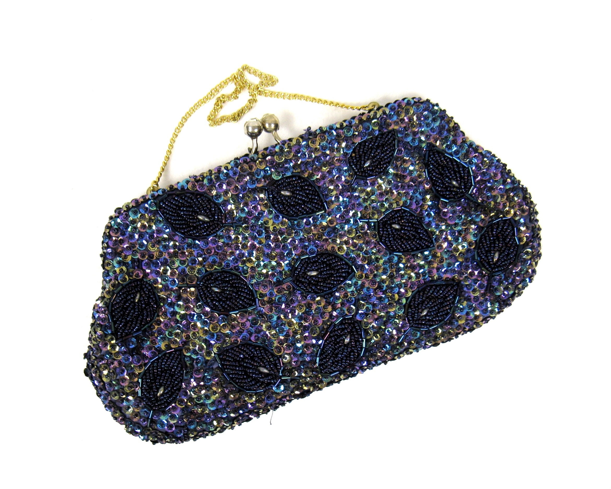 Vintage Sequin and bead clutch bag, Vintage evening bag gold and black, Vintage 1950's cluctch bag