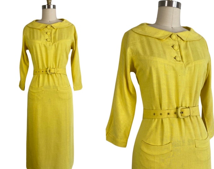 Vintage 1960’s Canary Yellow Rayon Sheath Dress w/ Matching Belt | Size S