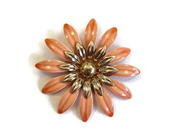 Vintage 1960s Coral and Gold Metal Enamel Flower Brooch by Sarah Cov