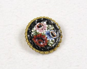 Vintage 1950s Micro Mosaic Petite Round Floral Brooch