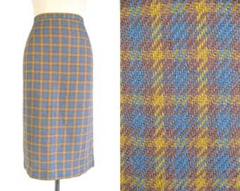 Vintage 1960s Wool Blue and Yellow Plaid Skirt by Bette Norbert Size M