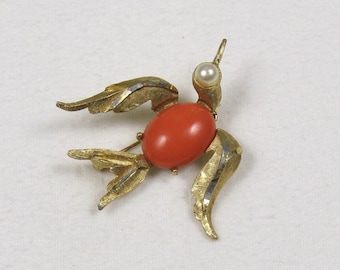 Vintage 1960s Gold Metal Flying Bird Brooch with Orange Cabochon by BSK