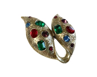 Vintage 1960s Bright Gold Jewel Tone Rhinestone Brooch