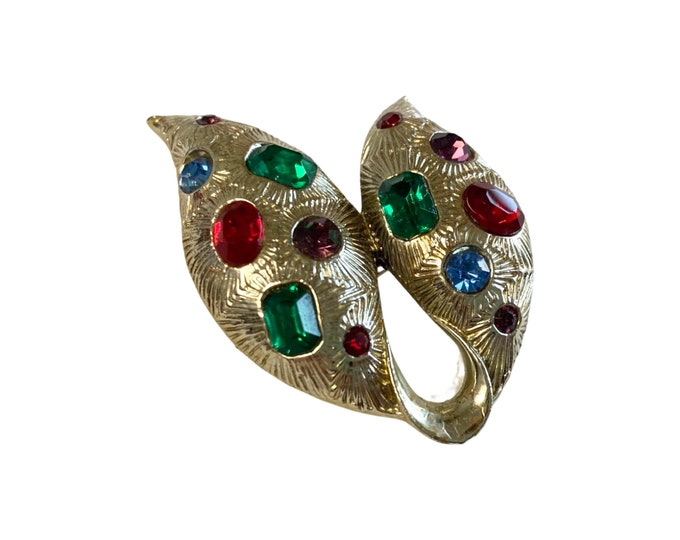 Vintage 1960s Bright Gold Jewel Tone Rhinestone Brooch