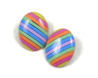 Vintage 1980s Pastel Rainbow Candy Striped Stud Earrings