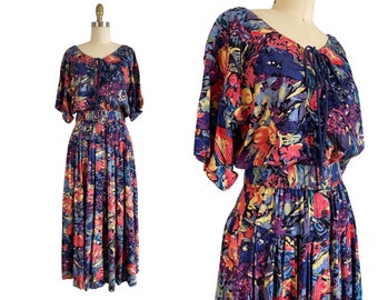 Vintage 1990s Moody Black Floral Rayon Dress | Kimono Sleeves | Lace Up Bodice Size M