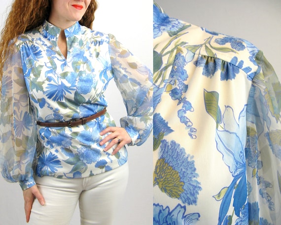 Vintage 1970s Blue Floral Poly Blouse with Sheer P