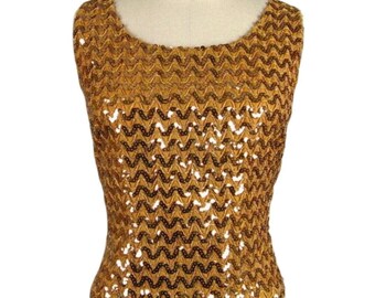 Vintage 1960s Gold Sequin Shell Top 60s Sparkling Sleeveless Evening Blouse Size Small