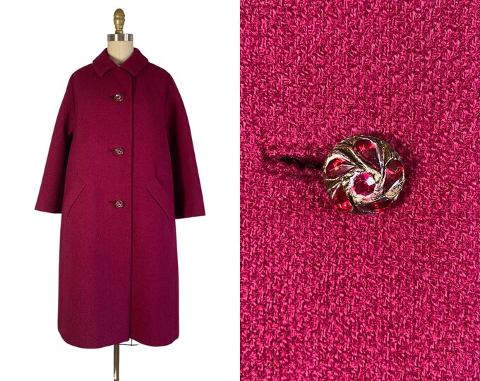 Vintage 1960s Cranberry Wool Coat with Big Rhinestone Buttons by I. MAGNIN Size M
