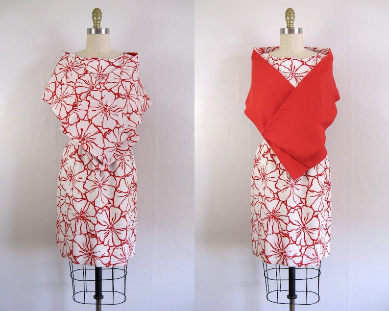 Vintage 1960s Red and White Floral Dress with Matching Shawl by I. MAGNIN Size S image 2