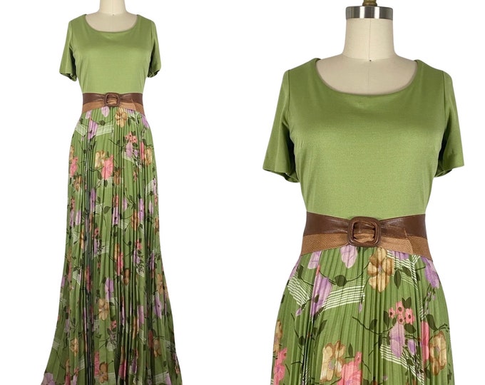 Vintage 1970s Green Floral Accordion Pleat Maxi Dress by Miss Elliette | Size M/L