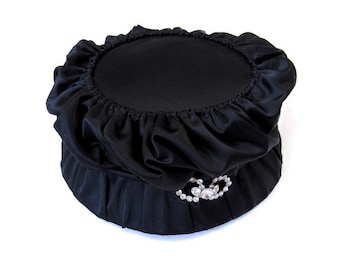 Vintage 1960s Black Satin Ruched Hat with Rhinestone Embellishment