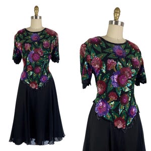 Vintage 1980&#39;s Silk Chiffon and Beaded Sequin Cocktail Dress by Laurence Kazar | Size M
