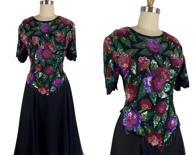 Vintage 1980's Silk Chiffon and Beaded Sequin Cocktail Dress by Laurence Kazar | Size M