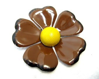 Mid Century Enamel Flower Brooch with Yellow Center Vintage 60s Mod Brown Pin Bar Back Midcentury Fall Fashion Statement Piece