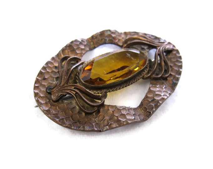 Vintage Antique 1910s Amber Czech Glass Bronze Metal Brooch