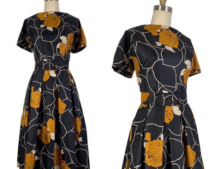 Vintage 1950s Black Floral Silk Shantung Cocktail Dress with Wide Belt | Size M