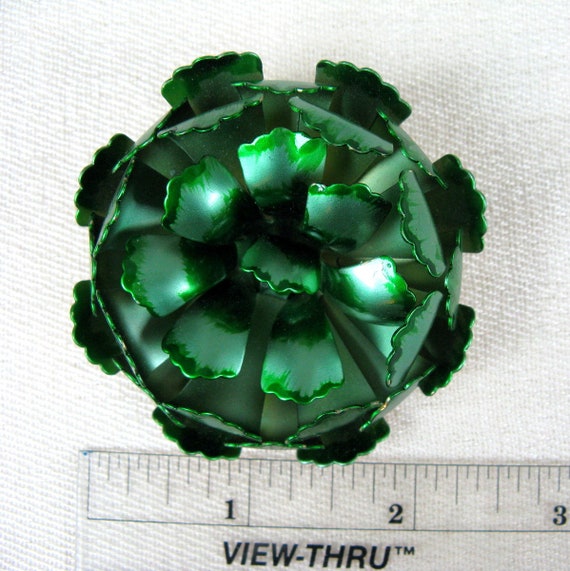 Vintage 1960s Green Flower Brooch 60s Metallic Tin Enamel