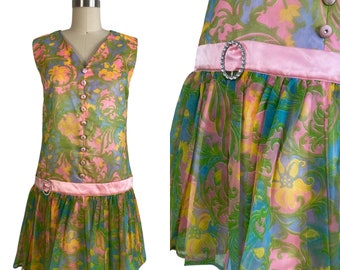 Vintage 1960s Paisley Floral Chiffon 60s Does 20s Mini Dress | Size S