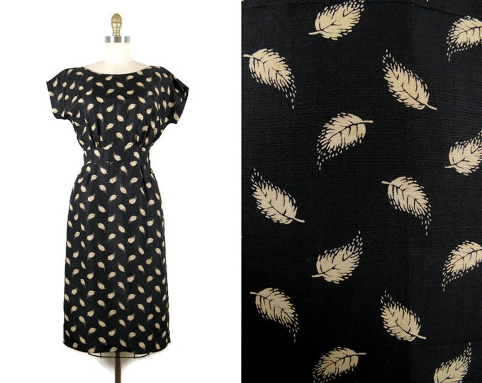 Vintage 1950s Black Silk Shantung Dress with Beige Feather Print Size S