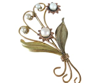 Vintage 1940s Floral Brooch with Pearls 40s Bouquet Brooch 1/20 12k GF