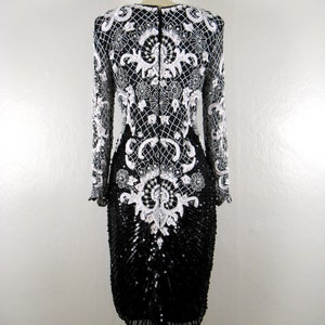 Vintage 1980s Black and White Beaded Silk Dress by Sweelo Size M image 7