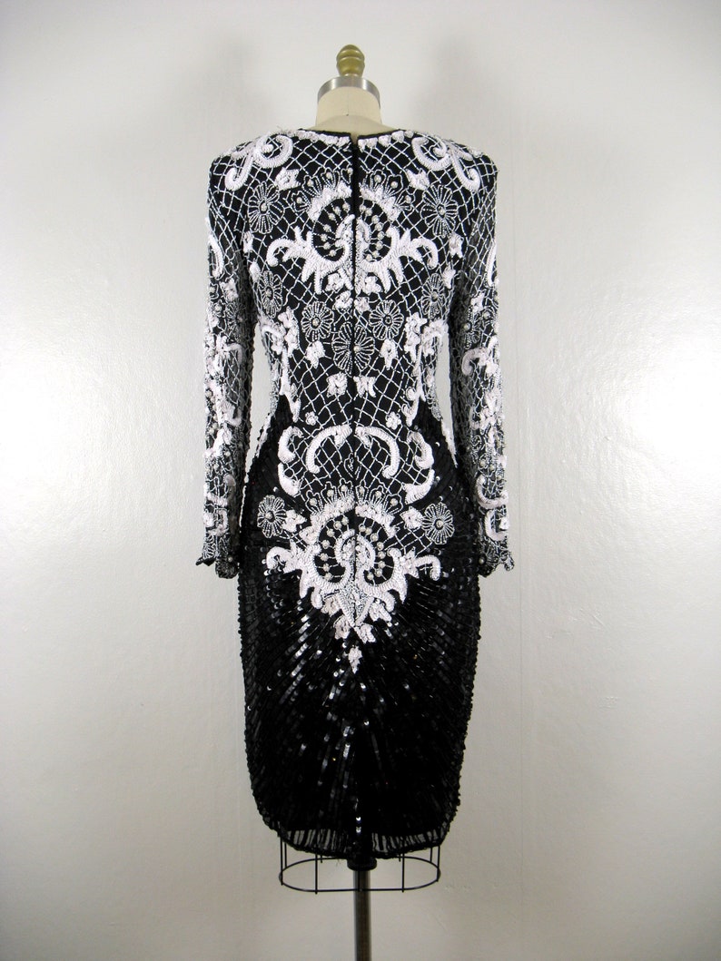 Vintage 1980s Black and White Beaded Silk Dress by Sweelo Size M image 7