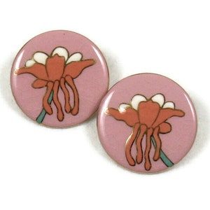 Vintage 1980's Pink Ceramic Disc Earrings with Flower image 1