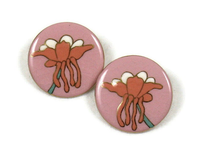 Vintage 1980's Pink Enameled Ceramic Disc Earrings with Flower