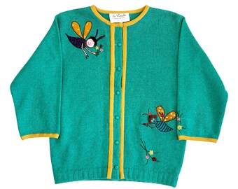 Vintage 1960s Jade Green Whimsical Wool Bumble Bee Cardigan by La Pinata | Size M