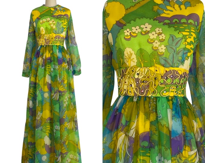 Vintage 1970s Psychedelic Printed Chiffon Dress with Rhinestones by Gladys Scott | Size M