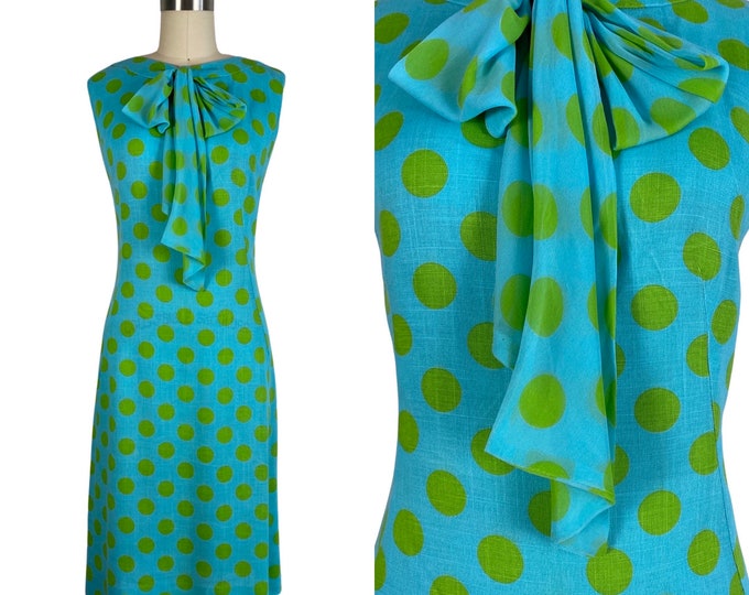 Vintage 1960s Blue Polka Dot Linen Dress with Silk Chiffon Ascot | Size M-L