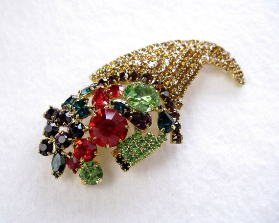 Vintage 1950s Colorful Rhinestone Cornucopia Broo… - image 2