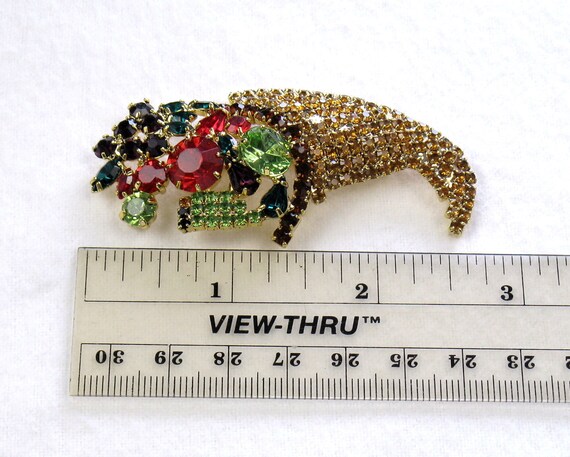 Vintage 1950s Colorful Rhinestone Cornucopia Broo… - image 5