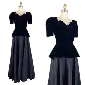 Vintage 1940s Black Velvet Peplum and Faille Dress with Full Circle Skirt | Size XS
