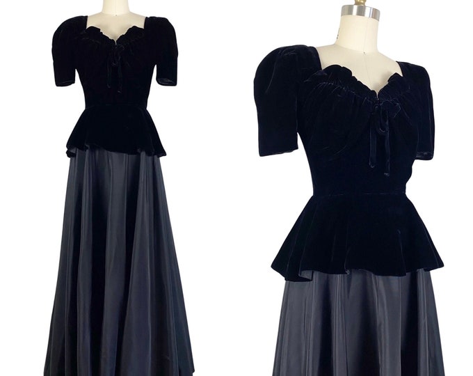 Vintage 1940s Black Velvet Peplum and Faille Dress with Full Circle Skirt | Size XS