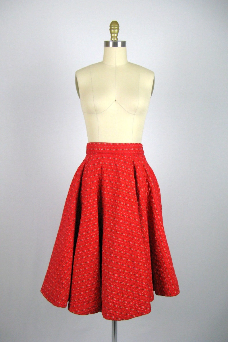 Vintage 1950s Red Quilted Circle Skirt 50s Cotton Striped Circle Skirt Size XS 24 Waist