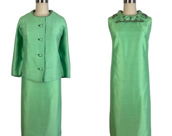 Vintage 1960s Spring Green Rayon Beaded Dress and Jacket Set | Size M