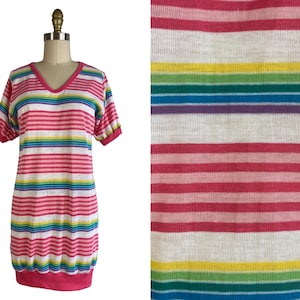 Vintage 1980s Pastel Rainbow Stripe Night Shirt NOS | Size M