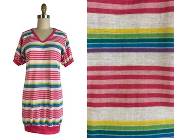 Vintage 1980s Pastel Rainbow Stripe Night Shirt NOS | Size M