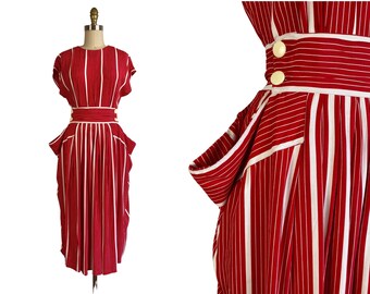 Vintage 1980s Red  White Striped 2 Piece Rayon Dress with Big Pockets by Maggy London Size XS